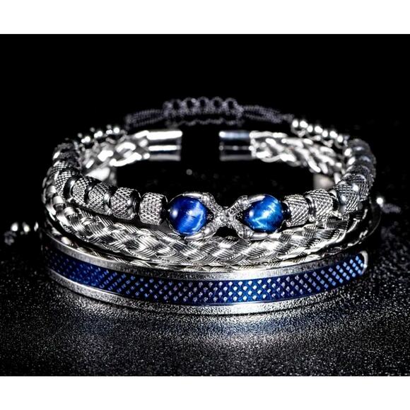 Unisex 3 pc SS Symmetrical Claw Bracelet Set Beaded Blue - Picture 3 of 5